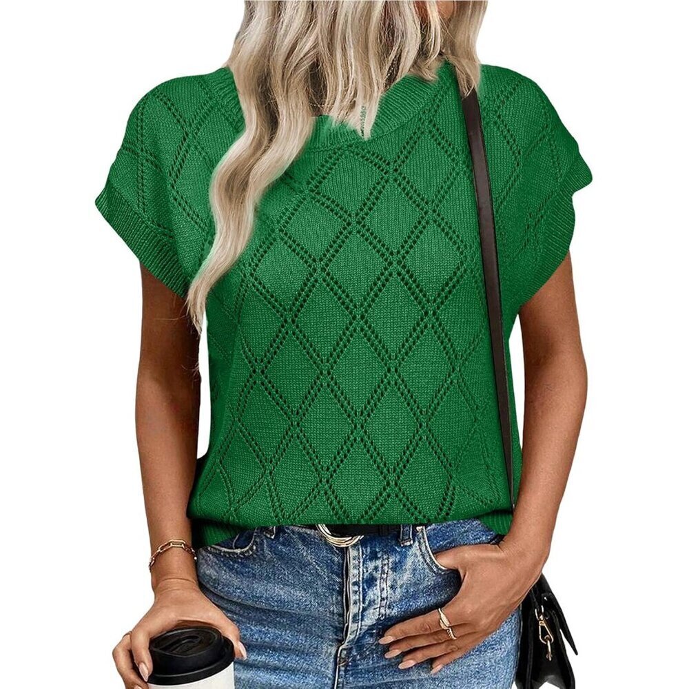 Womens Crewneck Cable Knit Short Sleeve Sweater Lightweight Casual Blouse
